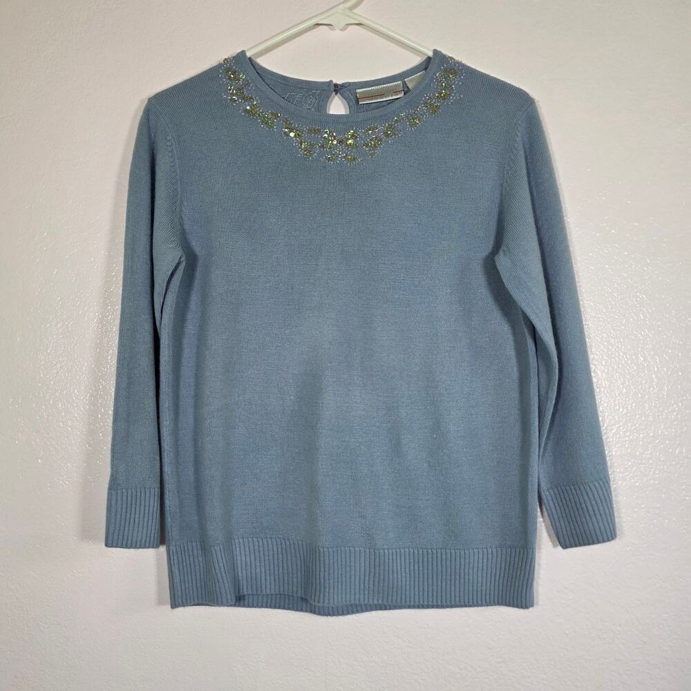 Design Assets Blue Embellished Acrylic Sweater Women's M Beaded Knit